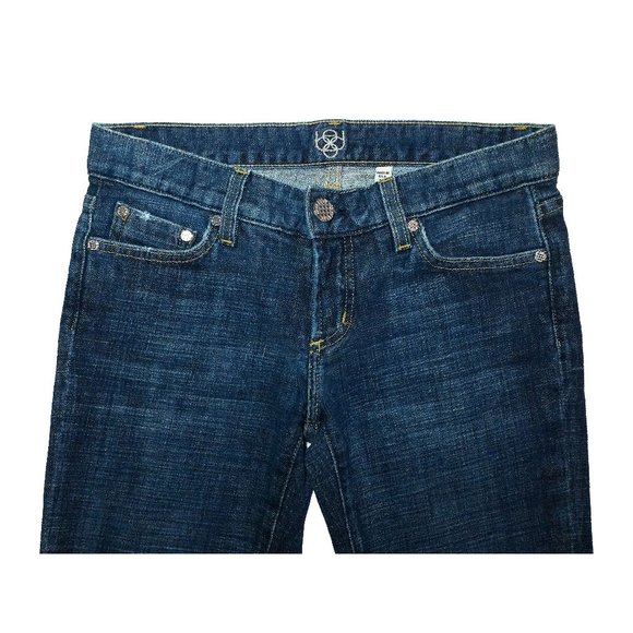 Bebe Dark Denim Twill LowRise Boot Jeans Rhinestone Buttons + Pocket Pin 29W/31L - Picture 4 of 14